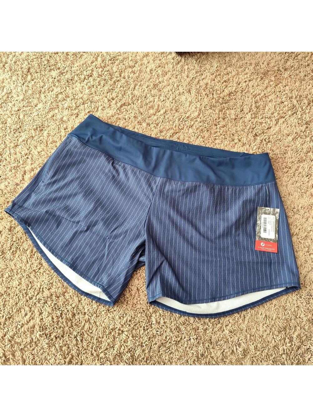 Oiselle Blue Pinstripe Toolbelt Roga Shorts Built In Briefs Mesh Pockets  16/18